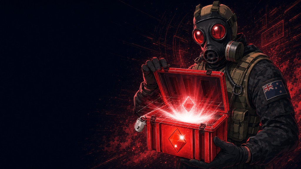 Clash.gg promo art — gas-mask open with red diamond case