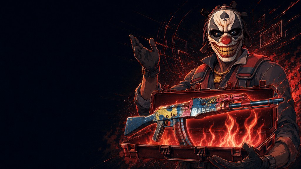 Hellcase promo art — clown case open with flaming AK drop