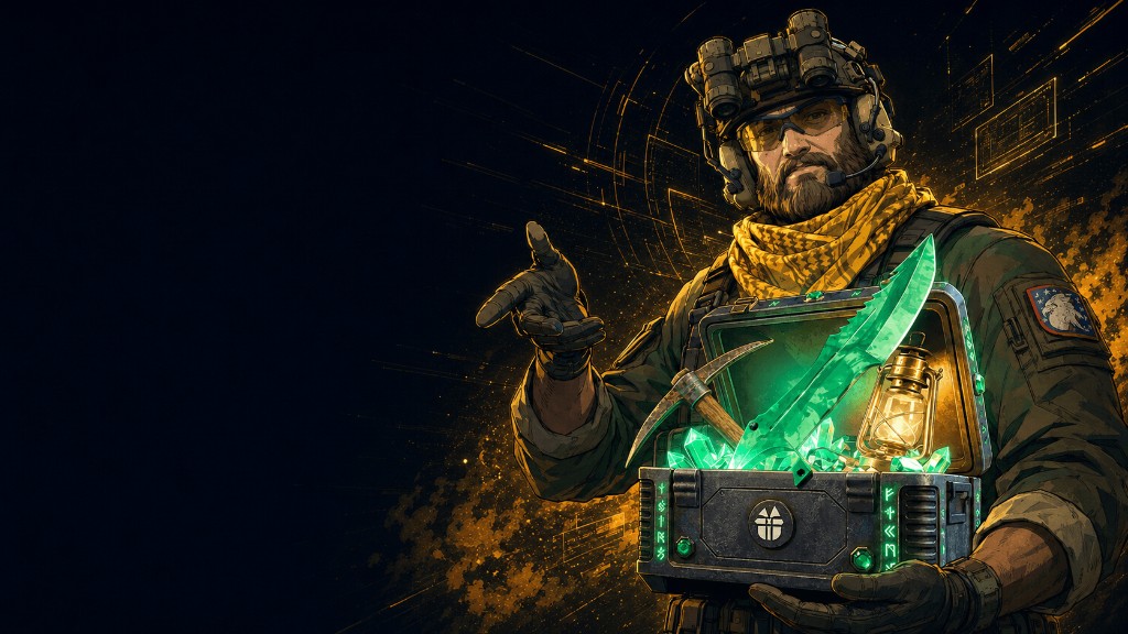 Key-Drop promo art — tactical open with emerald loot chest